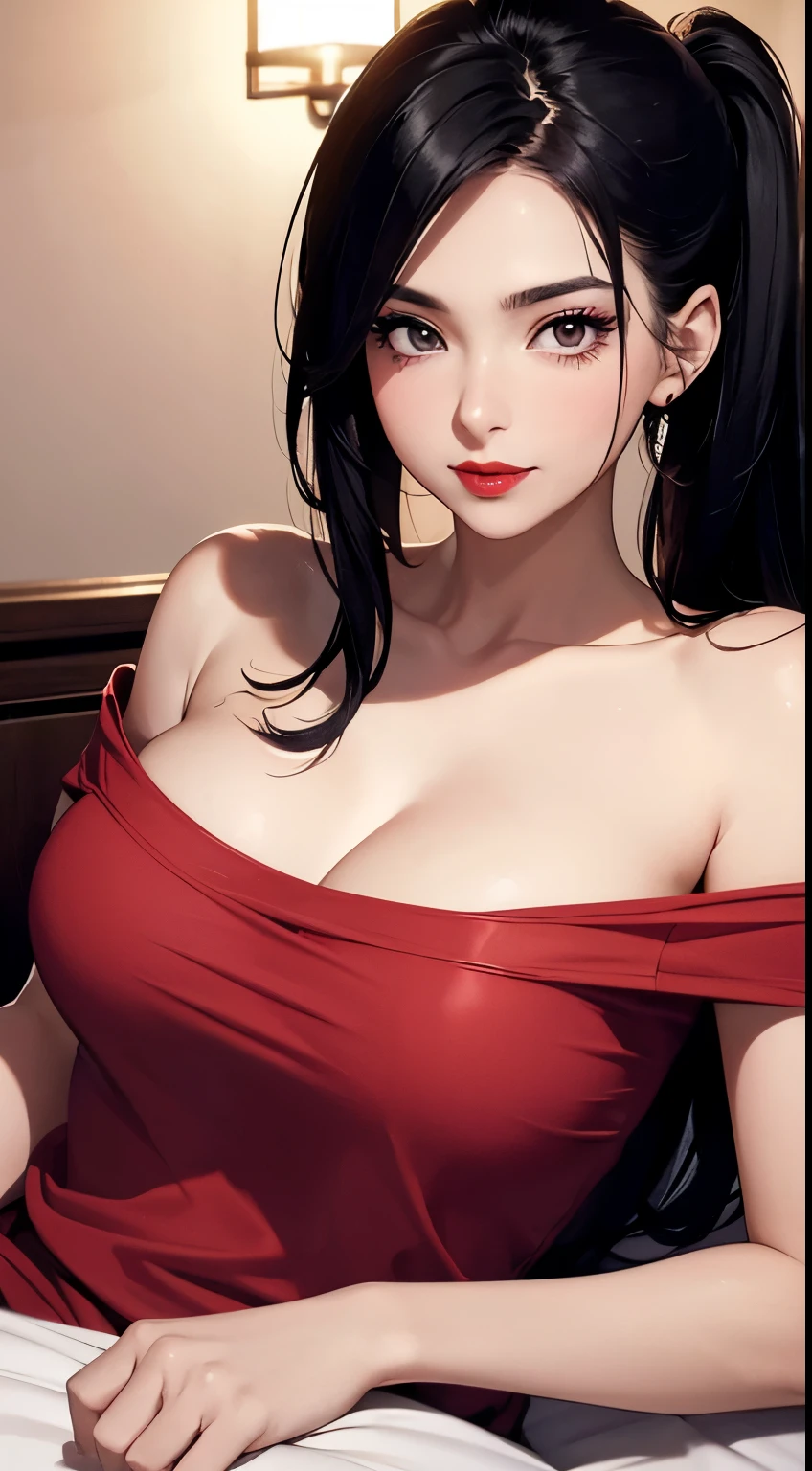 (best quality, 4k, 8k, highres, masterpiece:1.2), ultra-detailed, detailed face, detailed lips and eyes, attractive appearance, expressive face, ((anime art style)), (pixiv:1.3), BREAK Lotan beautiful caucasian woman with straight long black hair,blue eyes,fair skin,voluptuous,detailed lips and eyes,expressive face,attractive appearance,dragon horns on the head, BREAK (red theme:1.4), (tucked out and button-up oversized red collared-shirt with red shirt-hem:1.5), (long sleeves:1.2), ((collarbone, wrist):1.3), BREAK (black theme:1.2), (black tight long-pants:1.2), (ankle:1.3), (high heels:1.2), ((necklace, earrings):1.2) BREAK ((1girl)), (black horns), cleavage, dynamic angle, dynamic pose, looking at viewer, BREAK detailed, perfect fingers, perfect hands, detailed perfect face, intense blushing, tall female, smirk, beautiful detailed glowing deep blue eyes, arrogant caring slightly shy and slutty expression, (solo:1.2),