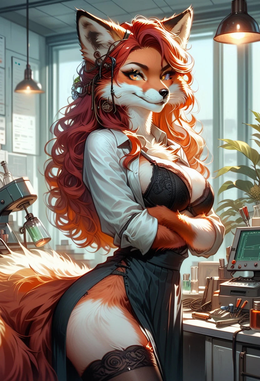 (Fluffy personification :2.0)Score_9, Score_8_superior, Score_7_superior, Score_6_superior, Score_5_superior, high definition 1:1(((female))), red fox, furry, anthro, elongated fox snout, big breasts, red body, disheveled hair, beautiful long hair, curly hair, scarlet red hair, detailed yellow eyes, sassy and seductive pose, side view, showing her behind, pay attention to the butt, detailed, in a lab, indoors, vent on the wall, (8k the best quality, masterpiece), beautiful, posing, holding her breasts by her forearms, arms wrapped under breasts, arched back, slightly lowered stance, sassy, sassy hips, sexy, hot, smug smile, gazing at viewer with side eye, side glance, detailed, absurd resolution, (black lace underwear, black bra, black thigh highs), safe for work