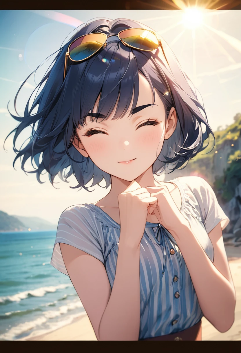 (in 8K、top-quality、​masterpiece:1.2)、1人の女性、(Smiling smile:1.1)、beautidful eyes、Valley、The upper part of the body、length hair、Like a boy、poneyTail
