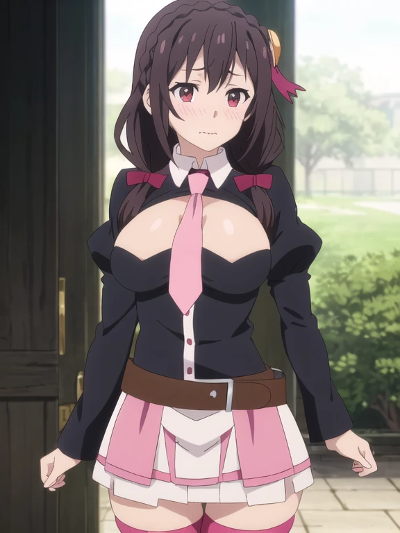 Yunyun, 1girl, solo, portrait, upper body, close up, big breasts, looking at viewer, crown braid, shirt, collar, juliet sleeves, cleavage cutout, low twintails, pink miniskirt, thighhighs, necktie, belt, wavy mouth, blushing, perfect quality, good quality, masterpiece, HDR, UHD 