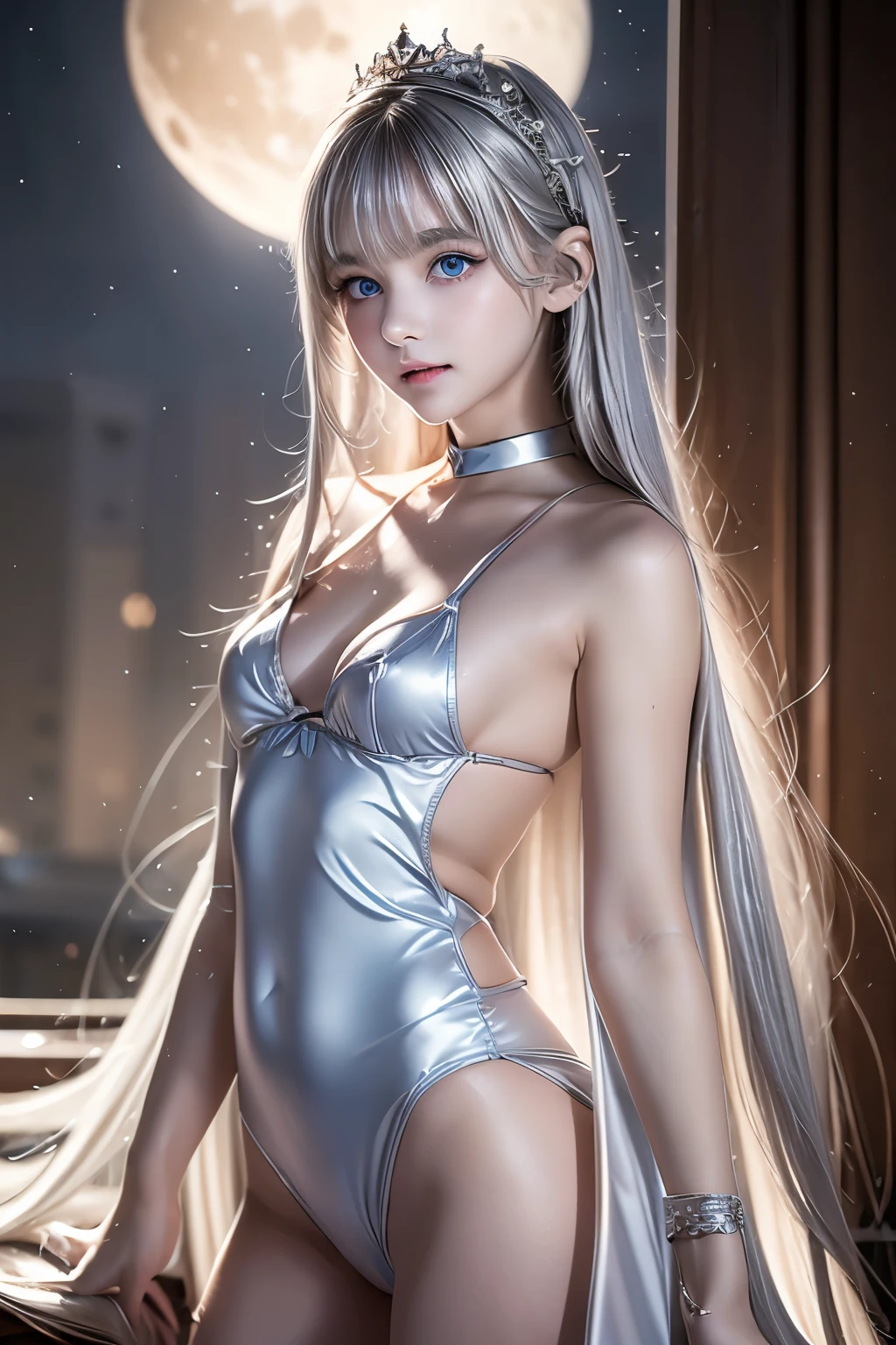 masterpiece,Best Quality,Very detailed,beautiful girl, teenager,Queen of the Moon,Giant Moon,Cape,Small breasts,Narrow waist,Straight silver hair,Perfect Blue Eyes,Very cute,Active pose