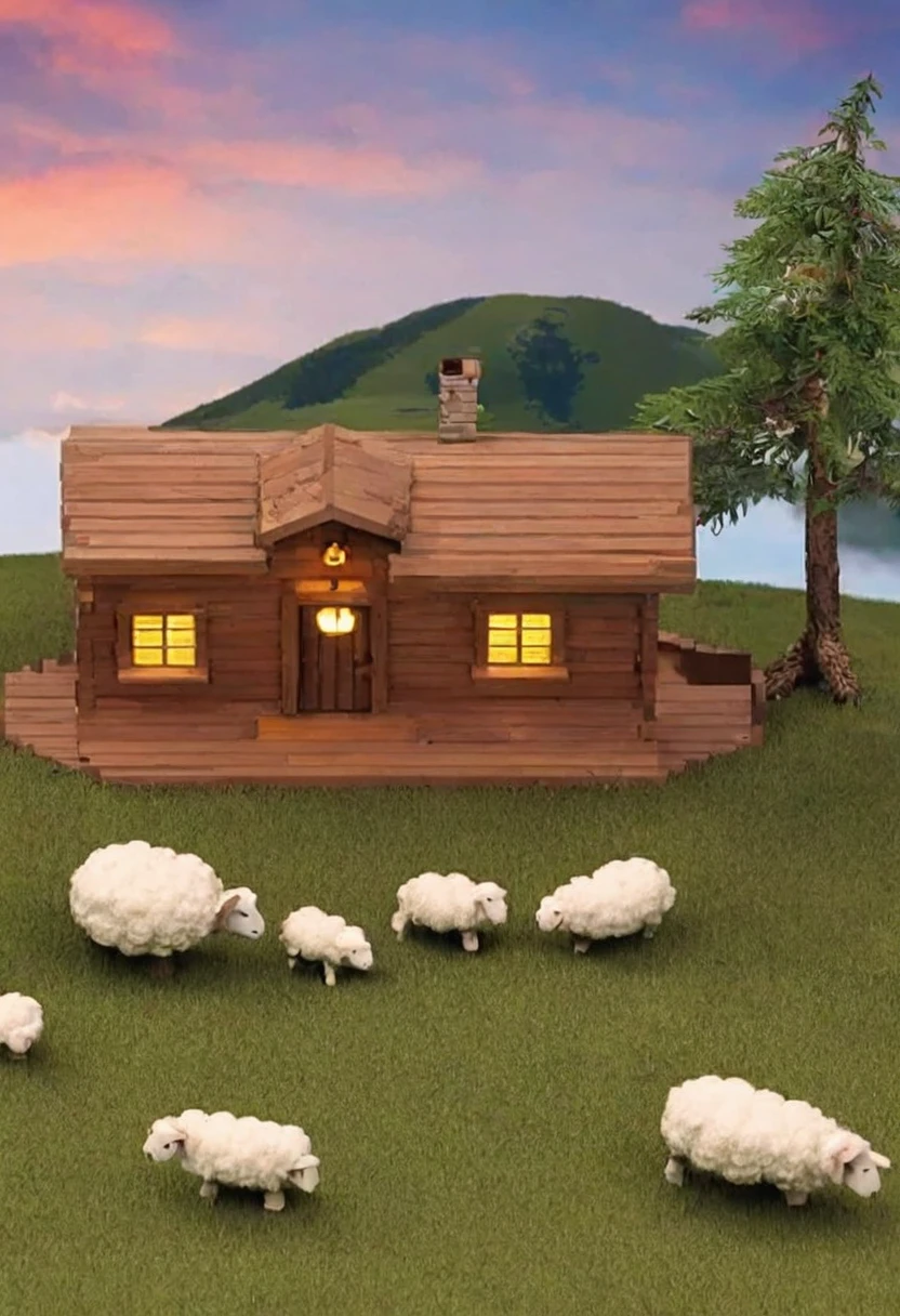 ((Masterpiece:1.2)),Miniature, Little House on the Prairie, One female sheep, Sheep Hut