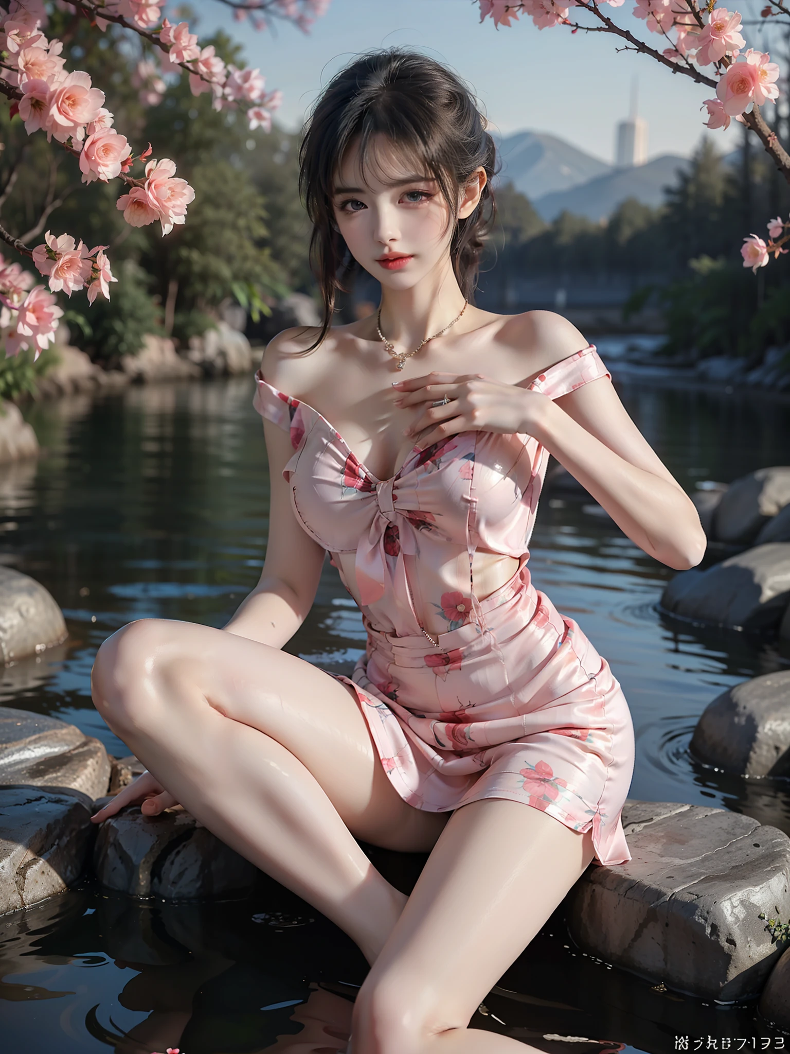 print dress,
off shoulder, (High quality details), 1 girl, Solitary, Young women, Elegant Posture, ((night, moonlight)), (Curvy body，Lying in water naturally，River Water，rock, Relaxed expression), (Focus on natural body posture and correct anatomy:1.3), (Perfect leg proportions:1.3)，(True and accurate leg shape:1.2), ((Natural leg position)), One hand stroked the hem of the skirt, Lift the hem of your skirt, Bare shoulders, Natural posture, Soft expression, Exquisite makeup, Soft blush, Bright eyes, Soft lips, Flower fairy style, ((Anatomically accurate)), (Real and natural legs), Smooth skin, Soft lighting, high resolution, 8K Ultra HD, Clear focus, Professional photography effects, Random elegant scenes, Multi-angle shooting