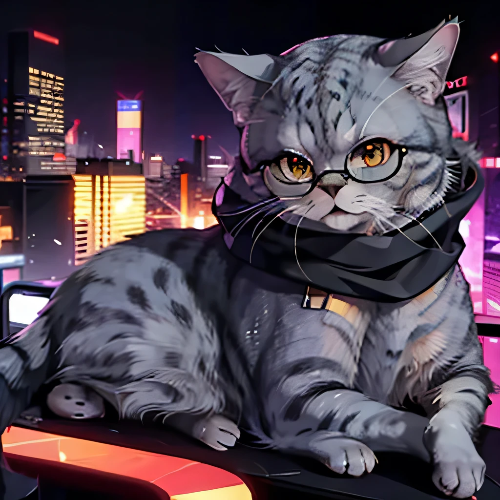 One cat　animal　fat　Golden Eyes　Wears black-rimmed glasses　A defiant look　Grey and black fur　Golden Eyes　The background is a cyberpunk cityscape