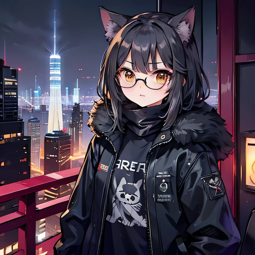 One cat　animal　fat　Golden Eyes　Wears black-rimmed glasses　A defiant look　Grey and black fur　Golden Eyes　The background is a cyberpunk cityscape