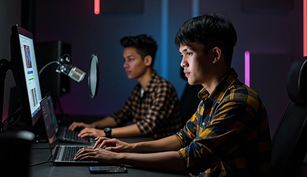 ilustre esse prompt de comando: Image of a participant on a workstation with a laptop and audio equipment. They're manipulating tracks and adjusting equalizers while Alex and Mia give directions..