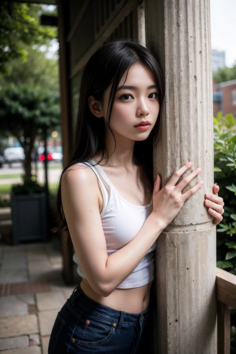 Realistic pretty Singaporean teenage girl, medium dark hair tied, bare feet, groin, smooth ass, squatting in outdoor bistro, topless, small breast, flat chest, sheer thong, sweating, moist, from side, arms crossed, patrons in background