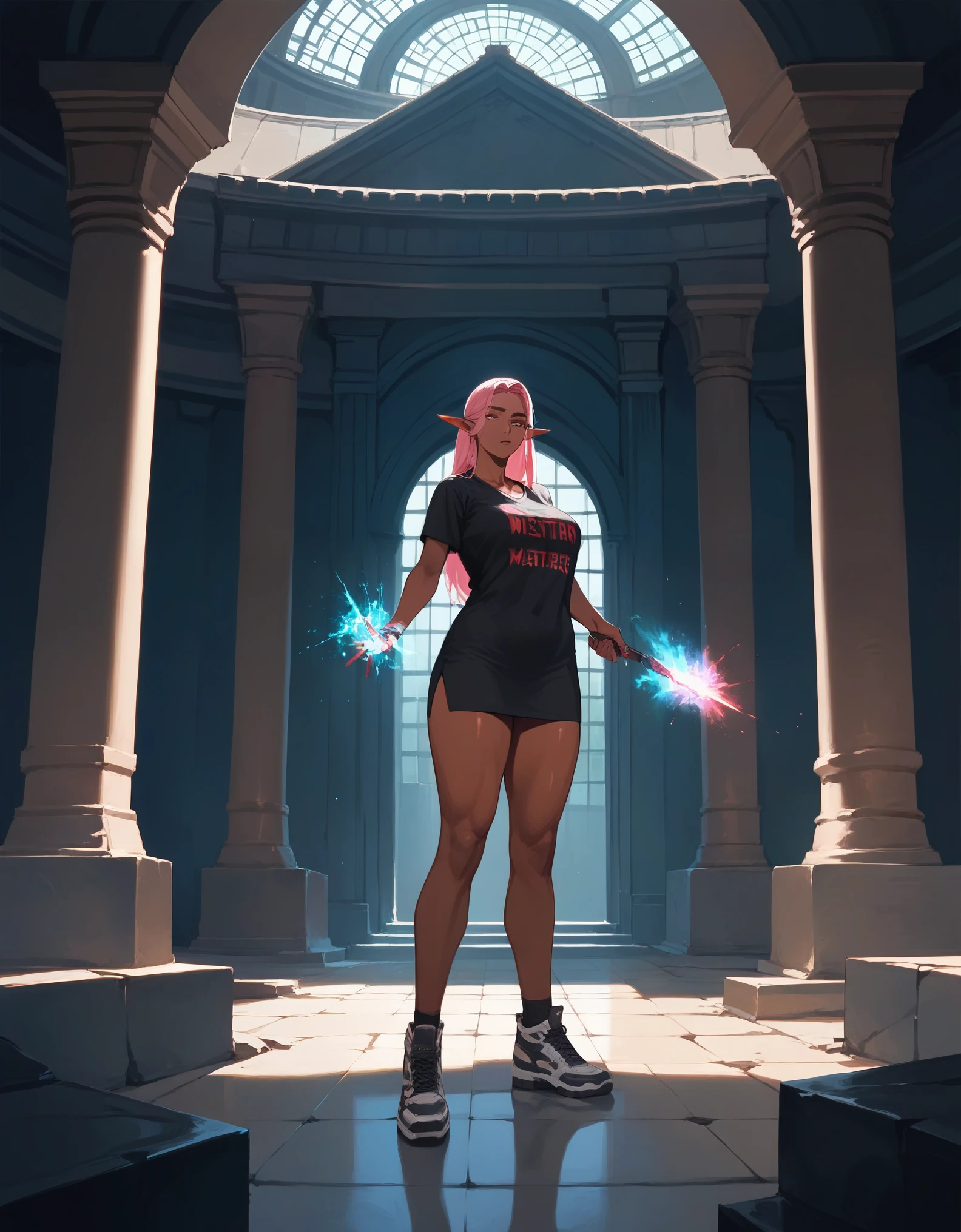 score_9, score_8_up, score_7_up, score_6_up, score_5_up, score_4_up, (masterpiece, best quality:1.2), highly detailed, illustration, mature woman, elf ears, pink hair, dark tan skin, athletic body, full body, heavy metal band T-shirt, , all-stars shoes, elemental magic around, in a temple room, action paint
