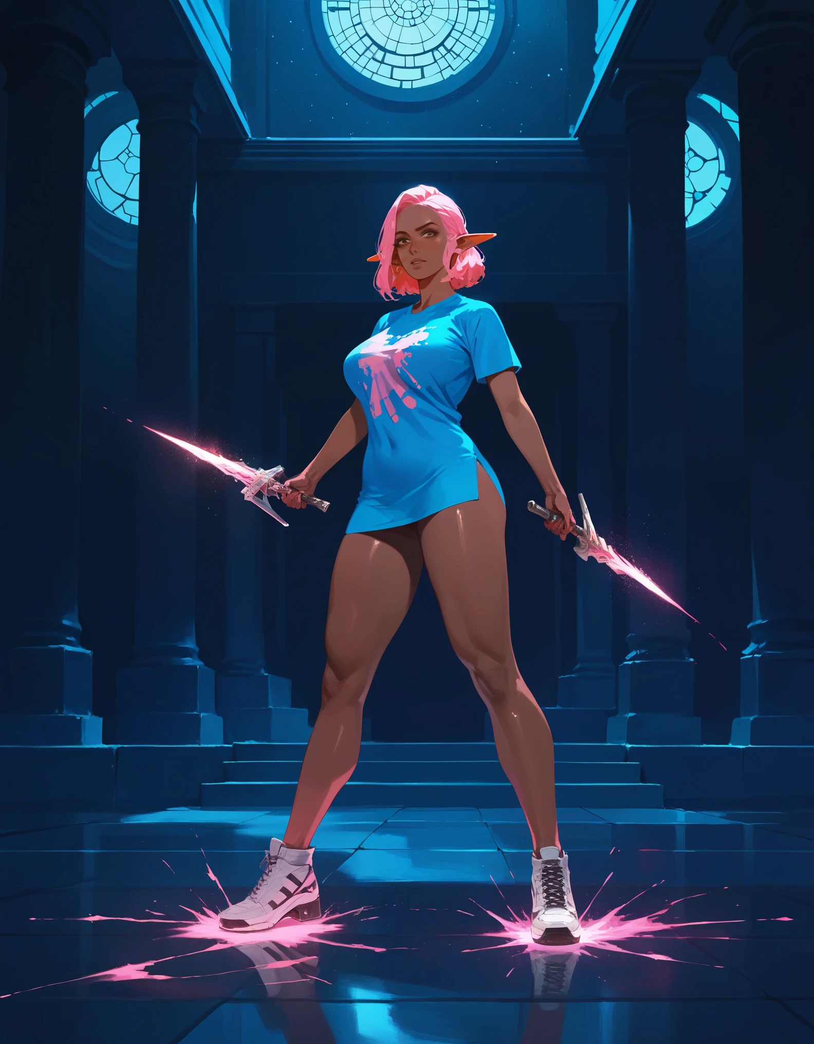 score_9, score_8_up, score_7_up, score_6_up, score_5_up, score_4_up, (masterpiece, best quality:1.2), highly detailed, illustration, mature woman, elf ears, pink hair, dark tan skin, athletic body, full body, heavy metal band T-shirt, , all-stars shoes, elemental magic around, in a temple room, action paint 