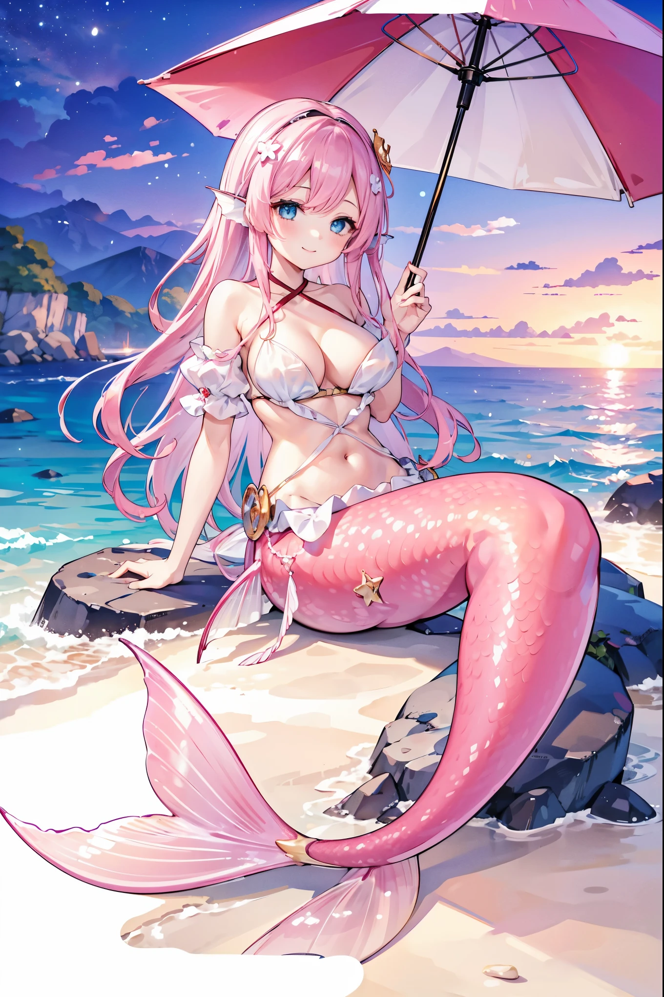 (masterpiece, Best quality),A girl,Pink Hair,Hair accessories,White Dress,Blue Eyes,Head fin,Unique,Large Breasts,Mermaid,粉红色的Mermaid尾巴,Full body shot,beach,Sea view,Night view,charming脸(Kawaii, charming,Soft),Smile