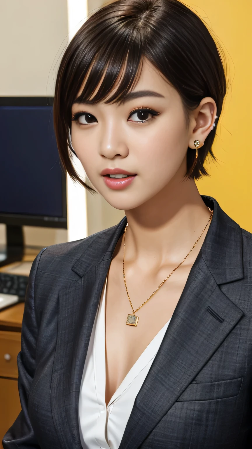 RAW Photo High Resolution, Very detailed, Intricate details, 、ear piercing、、Short Hair、Black Hair、、、Office Lady Suits 、jacket、shirt、、Heavy makeup、Necklace around the neck、, The background is an office
