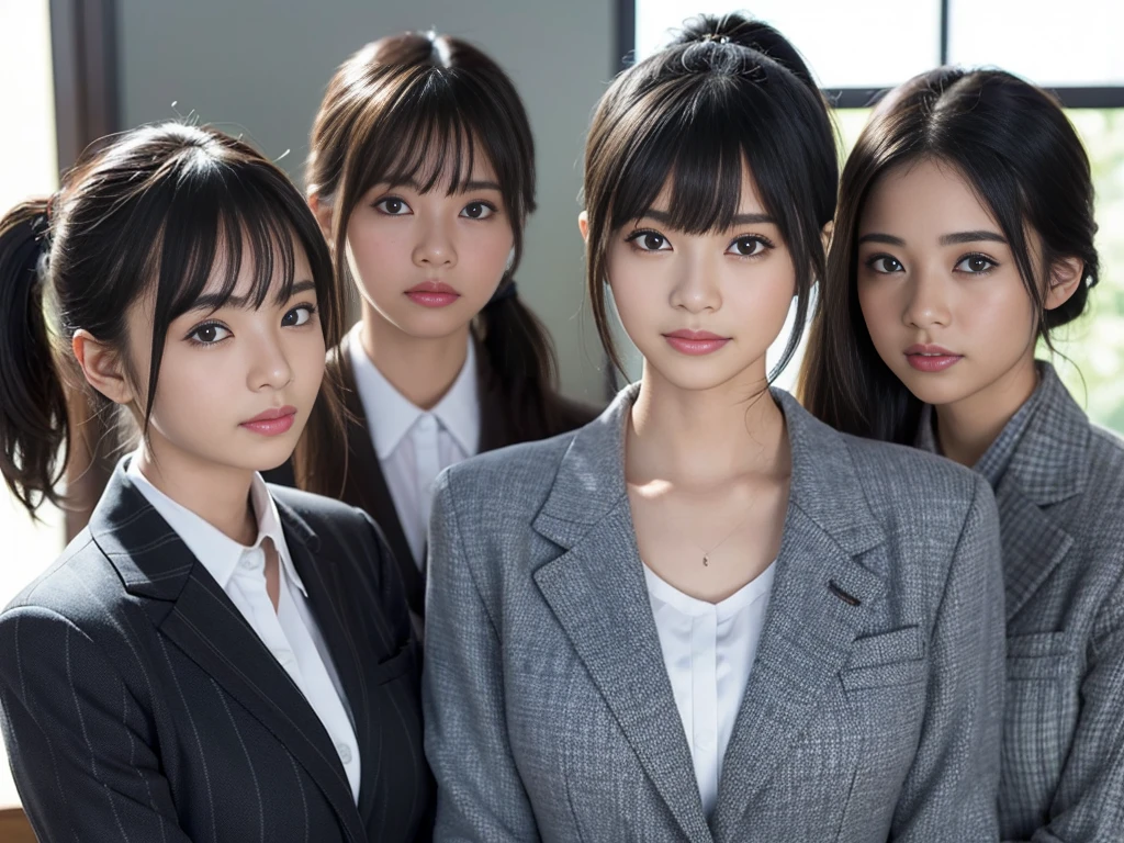 (best quality, masterpiece:1.5), (ultra-detailed, realistic:1.37),4K,(4girls:1.5),japanese,cute,beautiful,(striped office suits:1.3),(tight skirt),(black pantyhose:1.2),smile,