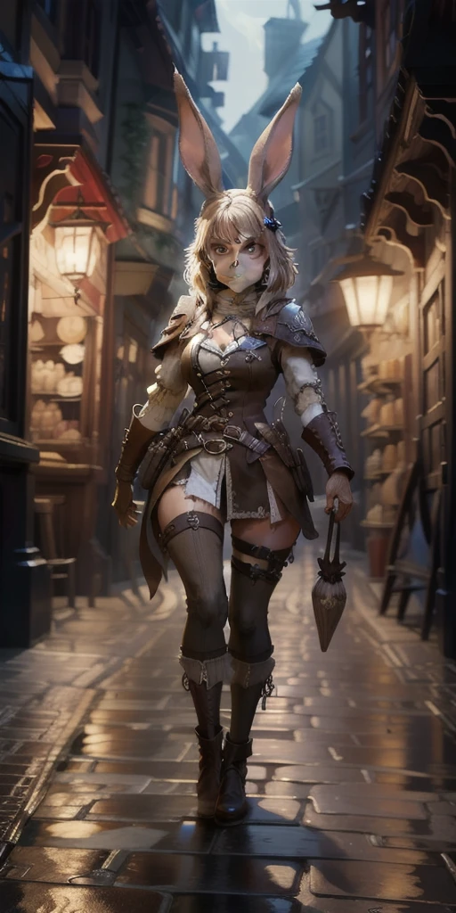 bunny, female, short, Anthropomorphic, bunny head, adventurer, pirate, fantasy, concept art, full body in shot, bunny legs, large eyes