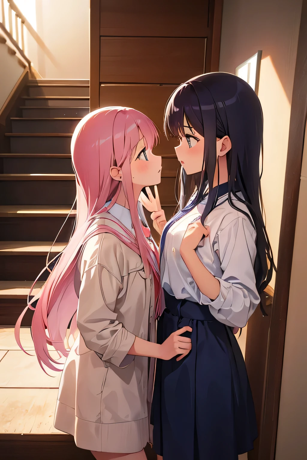 (dynamic angle:1.3), (masterpiece), best quality, ultra-detailed, illustration, kawaii, cute, (expressive eyes:1.2), (2girls:1.3), twins, ((hugging)), (,petite, kids), raidenshogunrnd, purple eyes, mole, mole under eye, purple hair, very long hair, hair ornament, cute pink t-shirt with japanese pattern clothes, bangs, bare shoulders, blush, closed mouth, feet, no shoes, long sleeves, wide sleeves, hugging, solo, shoeless, dynamic pose, ((casual clothes)) , parted lips, ((flat chest, lolite, petite)), academy room background, books, ((japanese kids vibes, fun bedroom))), (study),