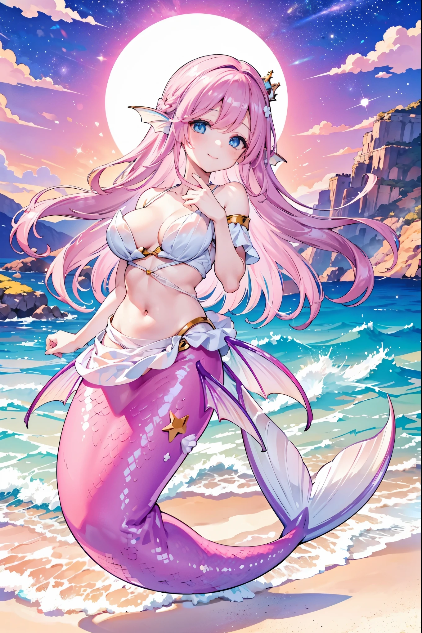 (masterpiece, Best quality),A girl,Pink Hair,Hair accessories,White Dress,Blue Eyes,Head fin,Unique,Large Breasts,Mermaid,粉红色的Mermaid尾巴,Full body shot,beach,Sea view,Night view,charming脸(Kawaii, charming,Soft),Smile