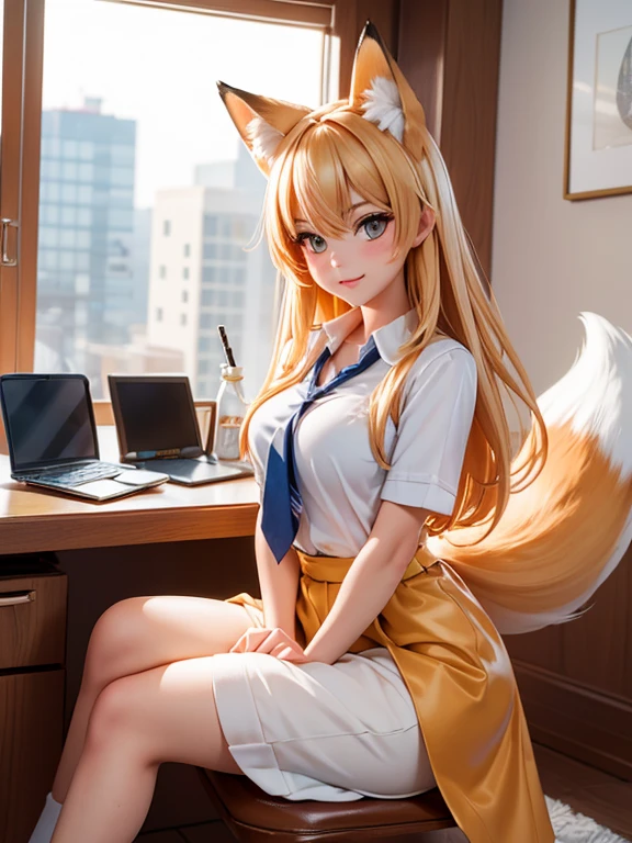 ((Highest quality, 8k)), ((masterpiece)), (Highest Resolution), Perfect Face, Fox Girl, high school girl, Beautiful woman, public, One tail, She has thin thighs, Big tail, She has a yellow fox tail., She wags her tail, Troubled face,  She is wearing a short skirt, Beautiful Hips , Small breasts, The skirt has a large hem that is rolled up
