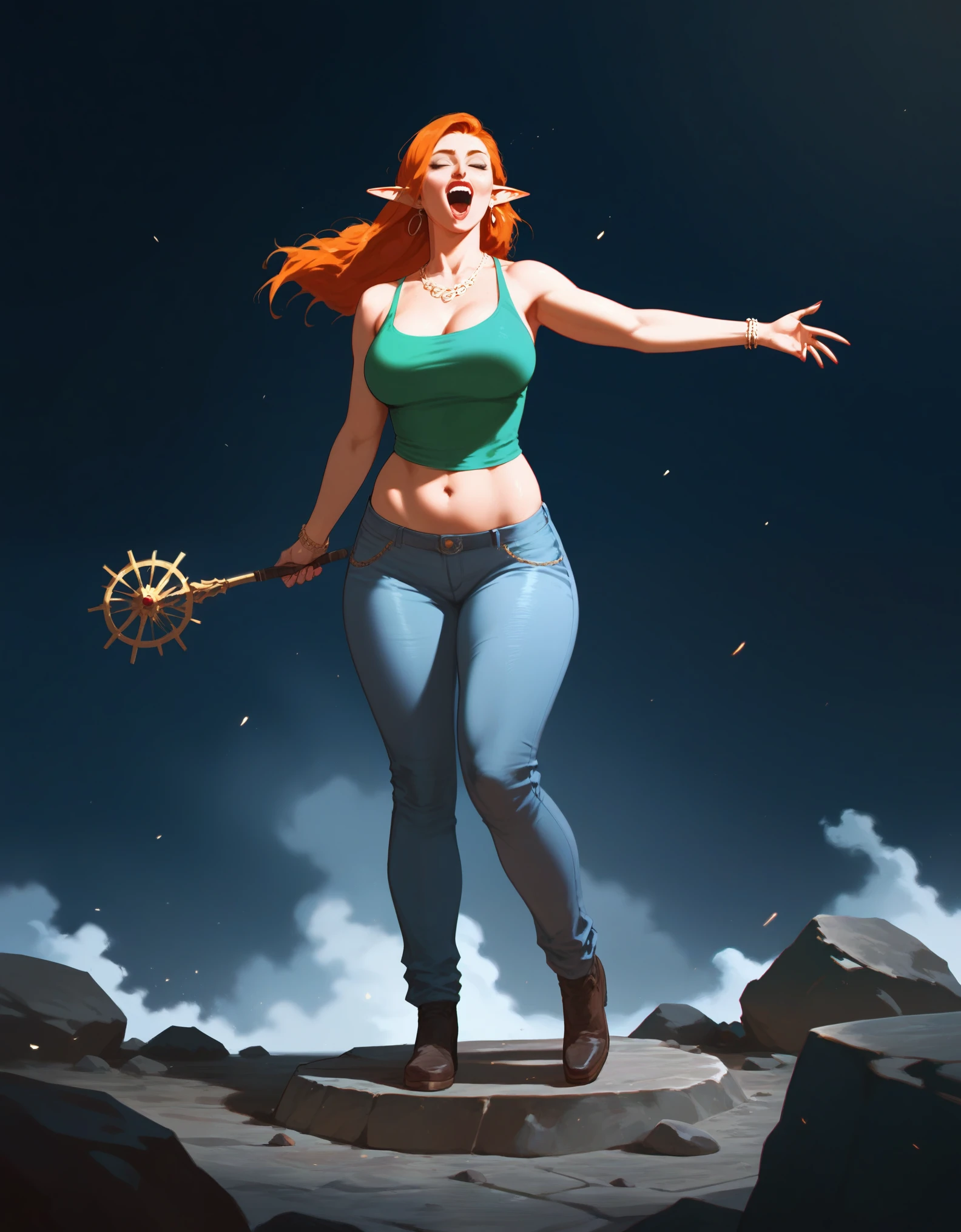 score_9, score_8_up, score_7_up, score_6_up, score_5_up, score_4_up, (masterpiece, best quality:1.2), highly detailed, illustration, mature woman, elf ears, ginger hair, large toned body, full body,  rock n roll singer