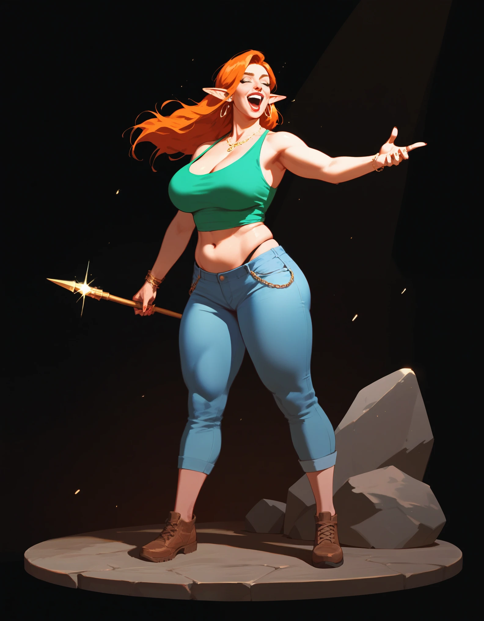 score_9, score_8_up, score_7_up, score_6_up, score_5_up, score_4_up, (masterpiece, best quality:1.2), highly detailed, illustration, mature woman, elf ears, ginger hair, large toned body, full body,  rock n roll singer