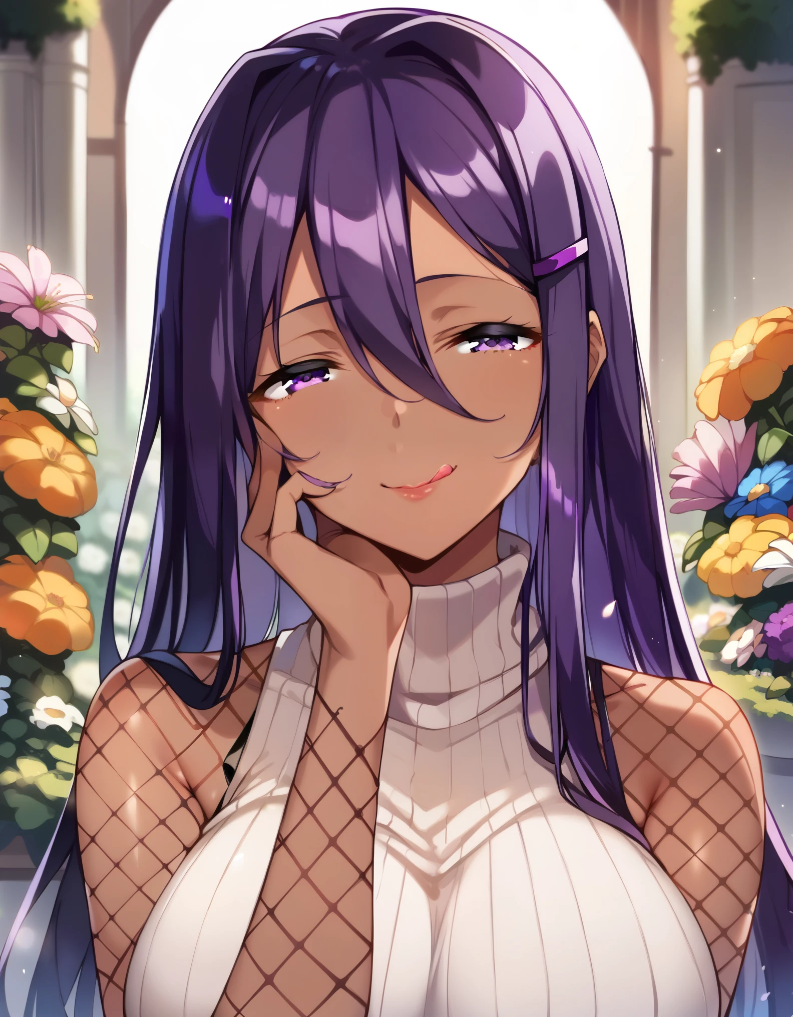 masterpiece, score_9, score_8_up, score_7_up, source_anime, zPDXL2, high quality, extremely detailed, 1girl, milf, solo, (dark skin, black skin:1.8), yuri, (huge breasts), ((((purple hair), long hair, hair between eyes, purple eyes, half-closed eyes))), purple lips, (((hairclip, sleeveless sweater, fishnet pantyhose))), ((light smile), closed mouth, licking own lips), ((hand on own face, garden))