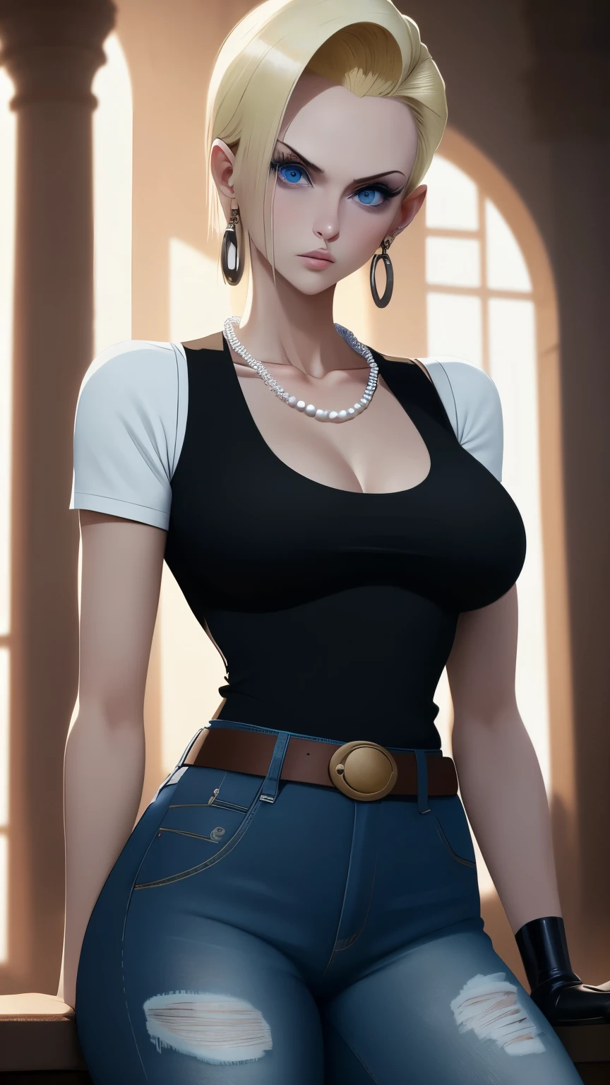 best quality, highres, and18, 1girl, android 18, solo, blonde hair, blue eyes, belt, blue jeans, pearl necklace, bracelets, black gloves, white shirt, short hair, short sleeves, earrings, blue pants, open vest, black vest, large breasts, cowboy shot, city port, straight-on, meadow landscape, torn pants,