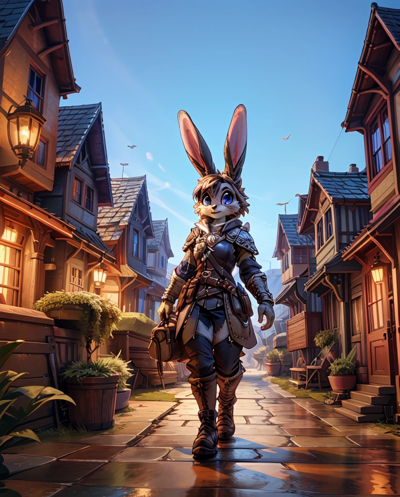 bunny, female, short, Anthropomorphic, bunny head, adventurer, fantasy, concept art, full body in shot, bunny legs, large eyes