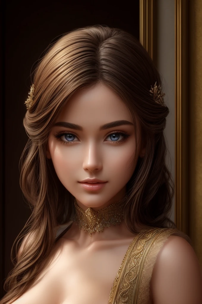 (Best quality,Ultra - details,best illustration,best shadow,the masterpiece,a high resolution,Professional illustrations,famous works of art),detailed eyes,beautiful eyes,Cleavage close up,Sci-fi,colored sclera,robot eyes,marks on the face,Tattooed with,(fractalized,fractal eyes),big eyes,Eyes wide open,(eye focus),focus on the face,cosmic eyes,cosmic eyes,Close-up of a metal sculpture of a woman with the moon in her hair,welcome。Extremely high detail,3D Portrait Goddesses,Extremely detailed depictions of the goddess,stunning portrait of a goddess,Side image of the goddess,Portrait of a beautiful goddess,Full length portrait of the goddess.,The goddess Hekta,Portrait of the Scandinavian moon goddess,Goddess of space and time