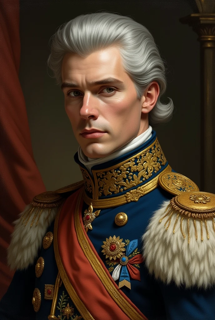 design a bald russian general portrait, add a lot of brochels and condecorations in his clothes, the colour pallete of the painting should be deep fall, 8000k, ultra definition