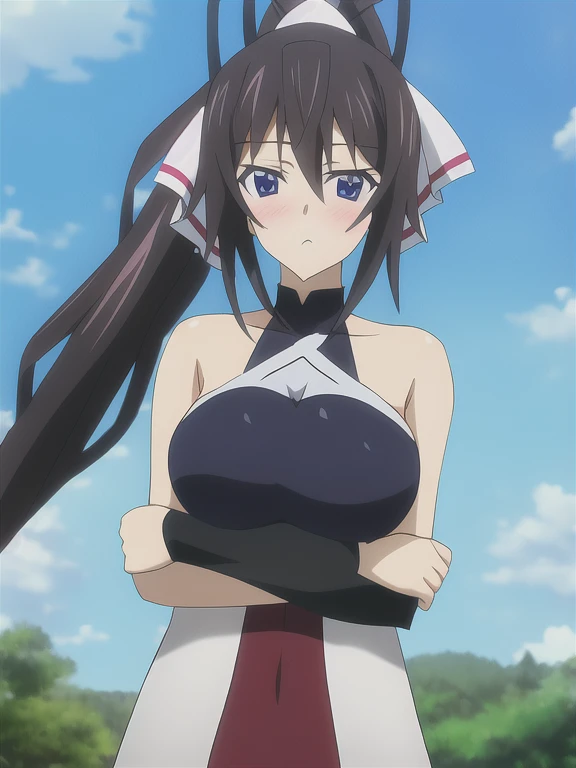 houki, 1girl, solo, long_hair, breasts, looking_at_viewer, blush, blue_eyes, large_breasts, black_hair, ribbon, bare_shoulders, very_long_hair, hair_ribbon, ponytail, outdoors, sky, sleeveless, day, cloud, blue_sky, no_humans, halterneck, frown, crossed_arms, :<, split_ponytail