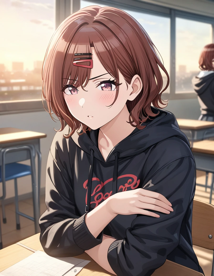 (masterpiece),(Highest quality),(Very detailed),(Best illustrations),(Best Shadow),(Absurd),(Detailed Background),(so beautiful), 4K, 32K,
Official Style,

Higuchi Madoka,
short hair, brown hair, hair clip,

the idolmaster shiny colors,
blush,
angry

school uniform, (black hoodie:1.2),

alone,
Japan,
classroom,
evening,
Sunset,
Background Blur, 
focus on face,
realistic skin,
目を閉じて顔を寄せる, 