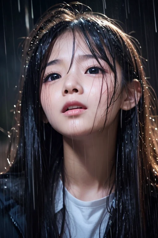 best image quality, masterpiece, ultra high resolution, (fidelity :1.4), photograph, 1 girl,[(sorrow)],white shirt, 薄dark, dark, Desperate, sympathize with, Pathetic, cinematic,tear,teardrop,(torn clothes:1.5), (wet clothes:1.4), bare shoulders,real rain,wet hair,..
