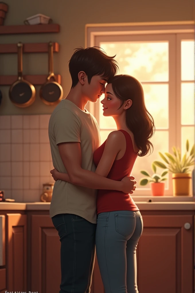 create an image where Camila Cabello is in a kitchen, wearing a black tank top and pink shorts, brown hair tied in a bun, the soft light in a cold tone, there are plants on the countertops as decoration. Jeon Jungkook is shirtless and wearing jeans, standing behind her. She's tiptoeing, stretching her body to reach a bag of popcorn on the highest shelf of the cabinet while he stands behind her and also stretches his arm to grab the bag