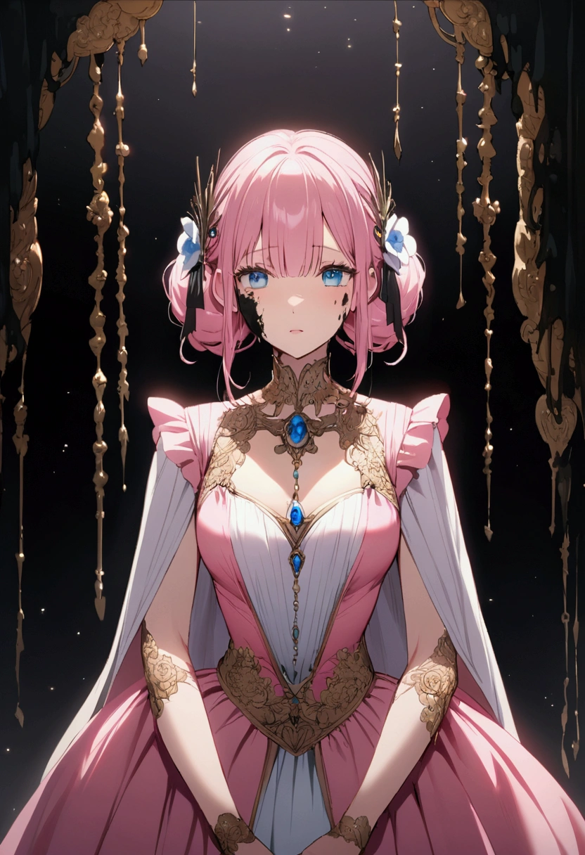 A young princess, beautiful, short pink hair, green eyes, she wears some luxurious jewelry on her neck, she wears a low-cut pink dress, she has medium tits, her face shows a perverted face