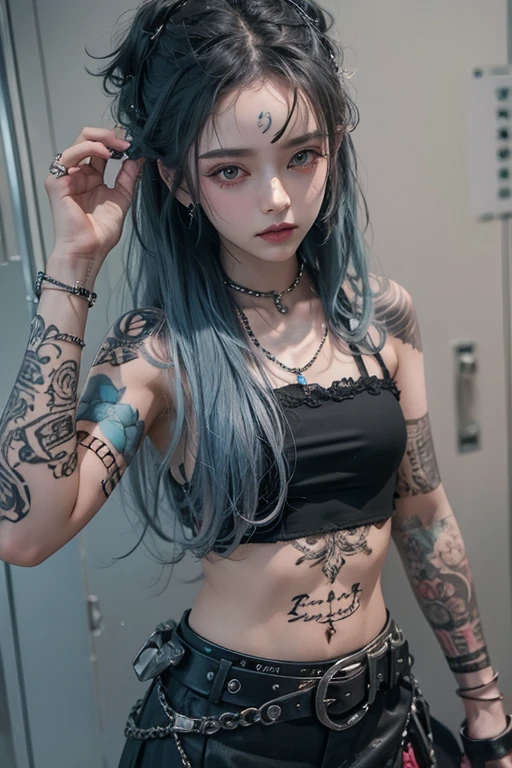 ((best quality)),((masterpiece)),((strikingly beautiful)), mature, 1girl, solo, high quality, masterpiece, skinny, long hair, messy bangs, cyan hair, lace bra, eyeliner, pale skin, necklace, neck tattoo, tattoo on neck, sidewalk, lace panties