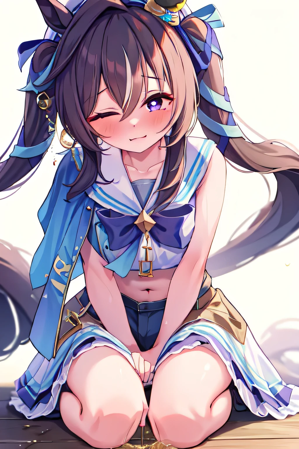 best quality, masterpiece, (1 girl), (must pee:1.1), (wants to urinate:1.2), (Pee on yourself), (Very eager to pee:1.3), blush up, shy, horse ears, horse tail, kneeling floor, white background, 