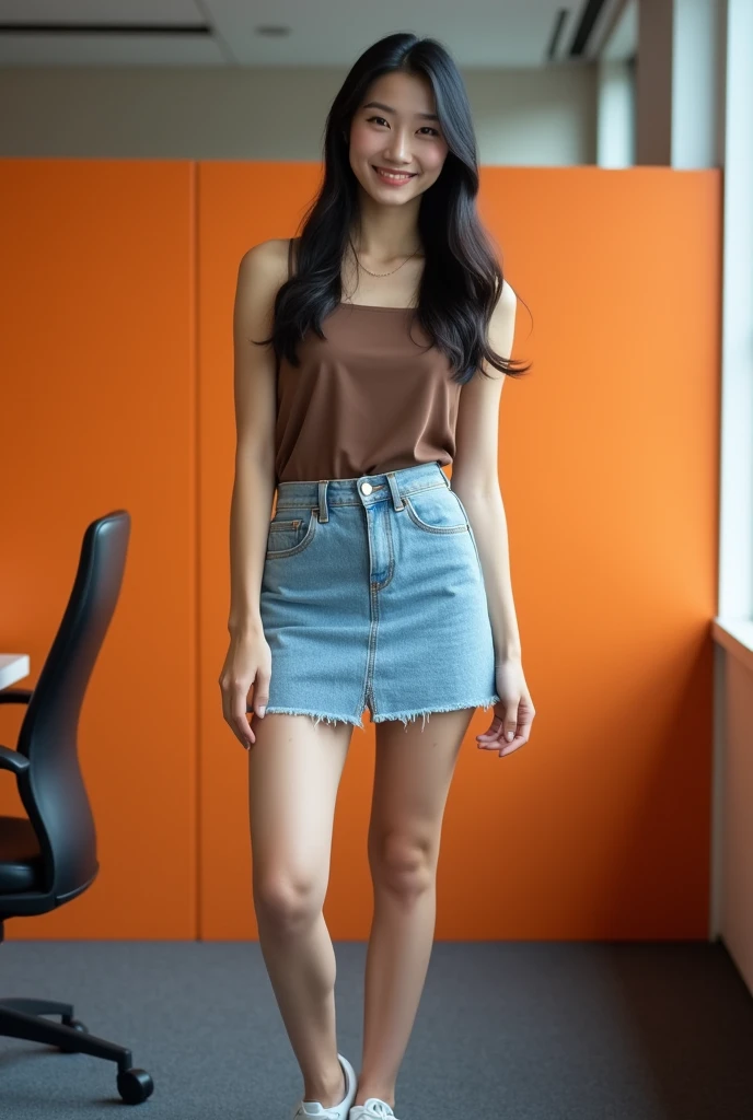 Open shirt, (((Leaning forward))), ((,Round face, Around 17 years old,mini skirt、loose tank top)), Long Hair, , Natural Makeup, Lips become thicker, Sexy Gaze, barefoot, ((Raise one leg)), Shooting from below,Gentle expression ,((Extremely precise and accurate anatomy)), (masterpiece:1.43), Perfect proportions, Realistic photos, Full Shot, whole body, (height: 165cm),