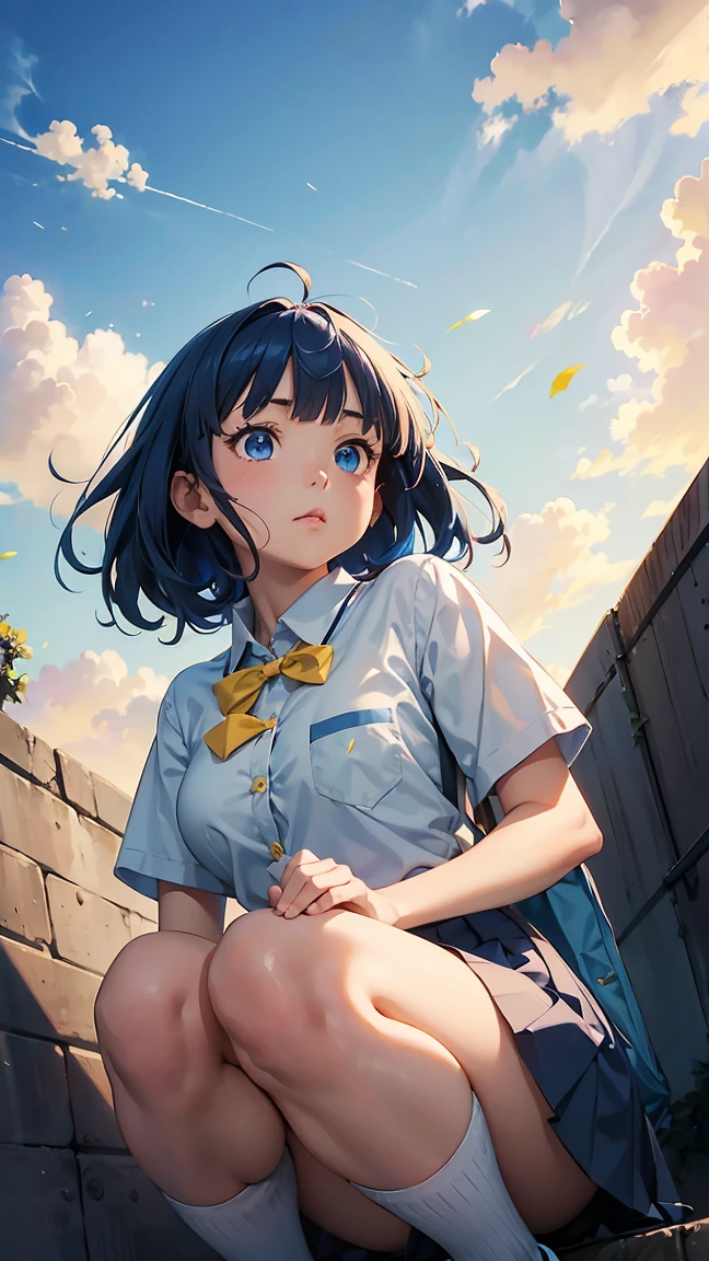 Yanami Anna, ahoge, medium hair, blue hair, side locks, blunt bangs, blue eyes, cute lips, pretty face, beautiful eyes, small breasts, uniform, collared shirt, white shirt, pockets, blue ribbon, yellow ribbon, short sleeves, medium sized breasts, skin dimples, shirt tucked in, blue skirt, pleated skirt, black socks, loafers, --Super best quality by art god, super detailed, high resolution, anime moe art style, super detailed, detailed background, dynamic angles, girl solo, crouching, looking up at the sky, dusk, (((composition looking up from below))), sitting cat,