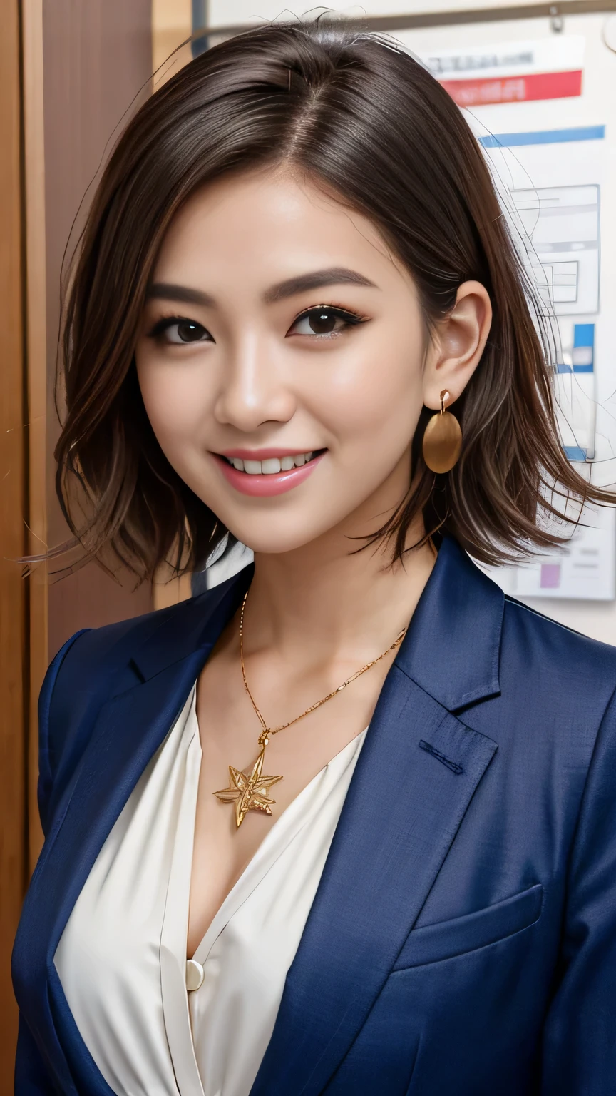 RAW Photo High Resolution, Very detailed, Intricate details, 、ear piercing、、Short Hair、Dark Brown Hair、、Office Lady Suits 、smile、jacket、shirt、Heavy makeup、Necklace around the neck、, The background is an office
