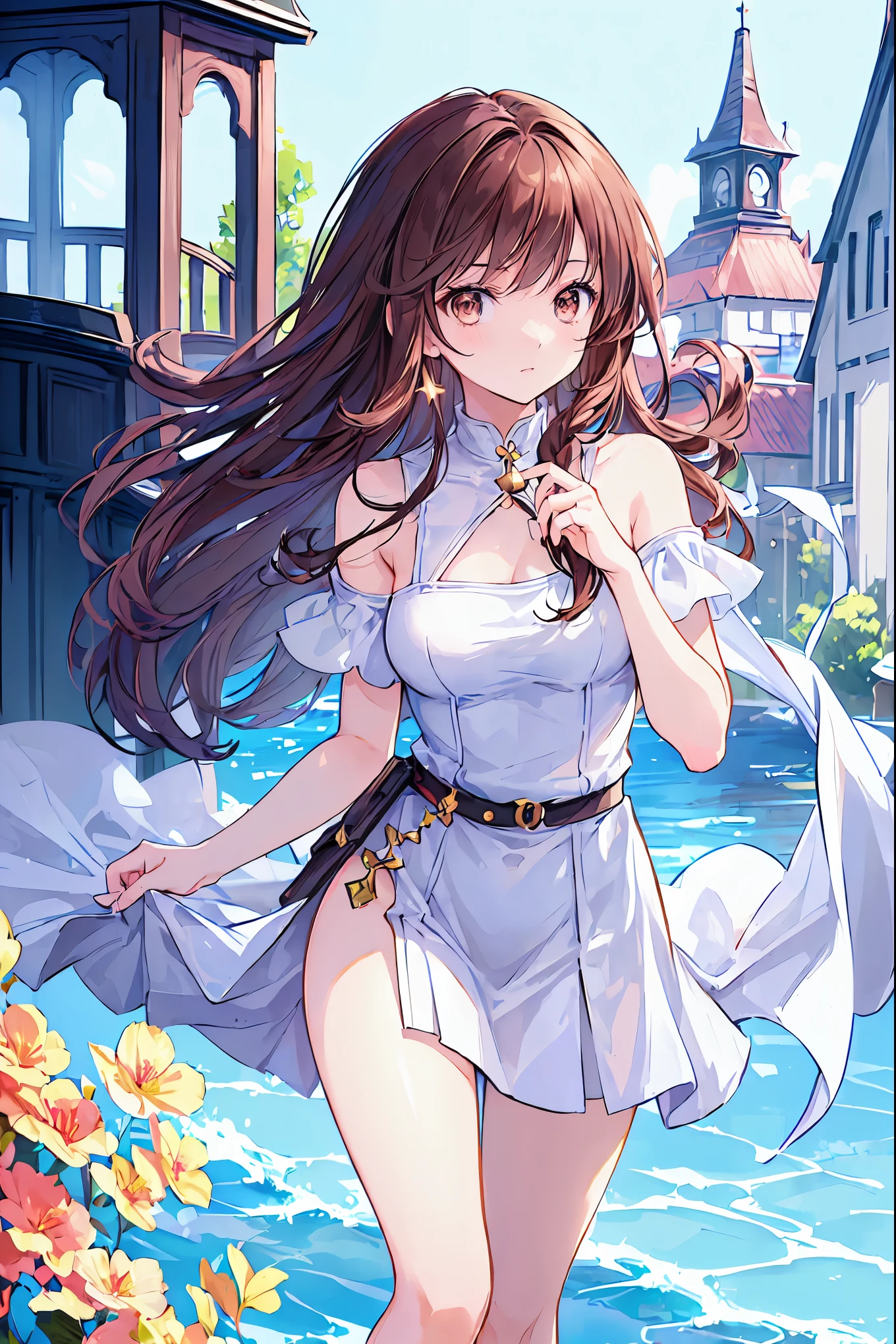 ((masterpiece)), (anime:1.5), ((Best Quality)), (RAW Photos:1.2), (High resolution:1.3), (Professional photography:1.2), (chromatic aberration), One Girl, (()), (Serious), (Beautiful brown eyes:1.3), Observe the audience, Plain Shirt, O-ring, Disheveled Hair, Medium Hair, (Put your hands in your pants), ((Take off your work pants)), Light Brown Hair, (Small breasts), Cute waist, Outdoor, ((Top of the big bell tower)),European cities,Brown Hair,Shortcuts,My hair is messy,Short braided hair,Neat,Slender beauty,Hall々A positive attitude,Small breasts,Beautiful legs,Her enchanting grey-blue eyes shine like stars.,Vibrant colors,beautiful eyes,A delicate smile,Textured skin,Best Qualityを誇るBest Quality,A kind and beautiful woman,anime風、