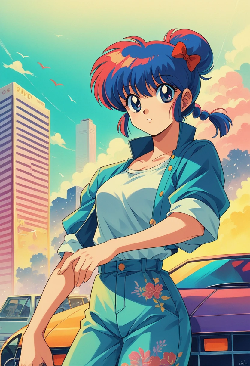 Create an image of the character Ranma Saotome from the anime Ranma 1/2,masterpiece, best quality, beautiful detailed eyes, ultra-detailed, finely detail, highres, perfect anatomy, colorful, Pastel Colors, 1girl, solo, city pop illustration, simple background, retro style, vaporwave city pop, 1980s city pop, city pop anime, car, retoro style, 1980s fashion, cowboy shot, Kyoto Animation, flat color