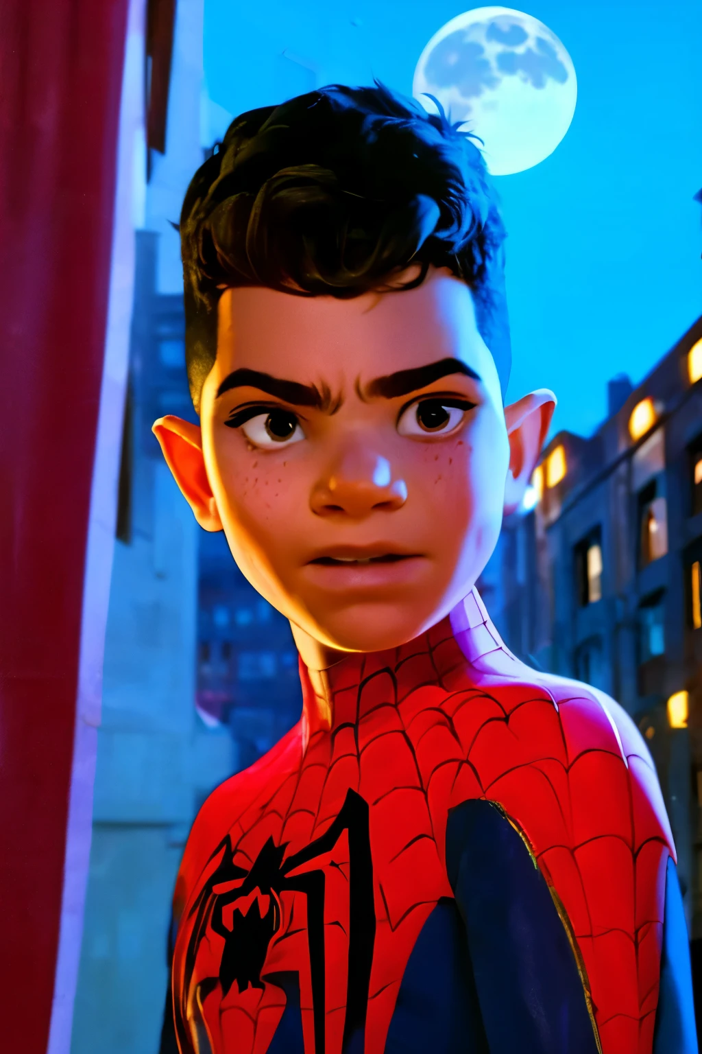 Close-up face, Thoe, ((a boy, 6)), Marvel Comic Panel Drawing: A boy with black eyes, in Dynamic pose, short black hair , over The building under The moonlight, spiderman suit in a city with a fixed gaze . ((Over a building, fullmoon background))