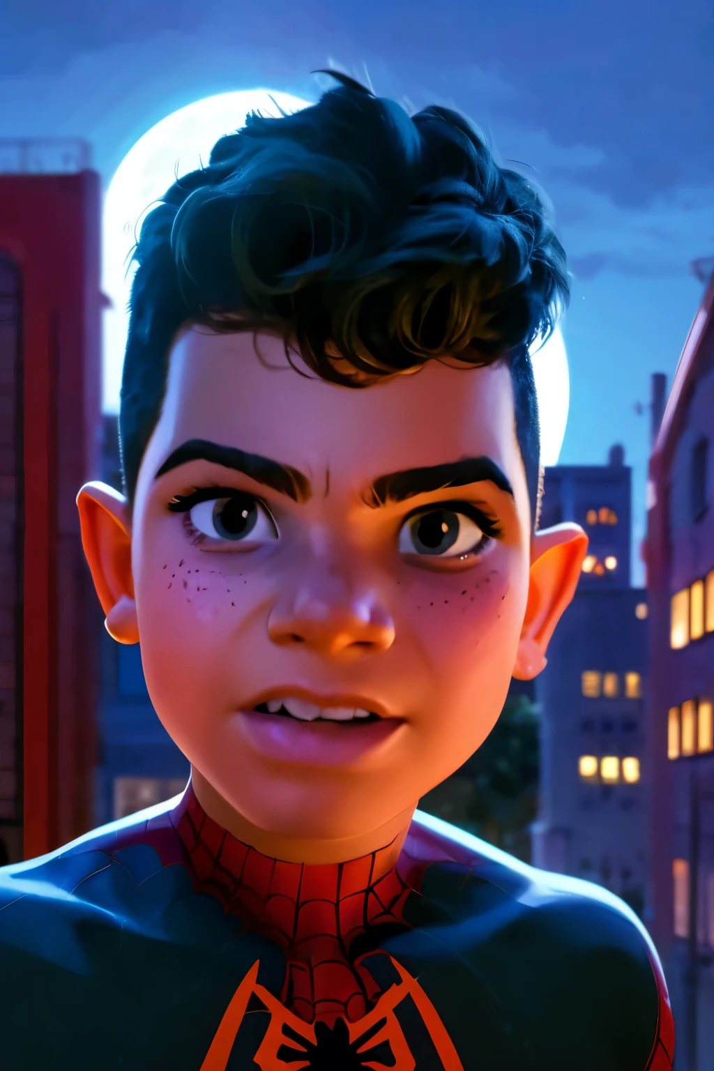 Close-up face, Thoe, ((a boy, ***)), Marvel Comic Panel Drawing: A boy with black eyes, in Dynamic pose, short black hair , over The building under The moonlight, spiderman suit in a city with a fixed gaze . ((Over a building, fullmoon background))