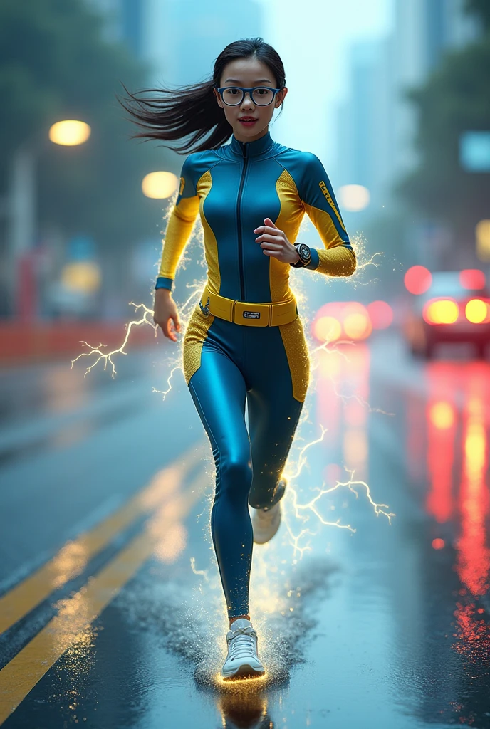 Chinese japan women average age wear jumpsuit high tech(( blue yellow)) age 15. high tech belt. ))Running effect. flat chest. Glowing yellow power.((wear jacket blue))short girl. Runfast effect. saggy breast open zip.. Wear blue big glasses big frame.running speed of light . latex suit. big tight. running athlete.pontytail hair. Braces teeth. train rail .Bokeh background. Panning effect. Yellow high tech watch. a beautiful young chinese women, , wearing a high-tech blue and yellow very tight jumpsuit. wear jacket bomber jacket blue yellow, venus body type.. unning with style pose . ,floating water pallet, photorealistic.(( fast train effect))detailed facial features, long hair, elegant pose, dynamic lighting. glowing body yellow lightning effect, 8k, award-winning digital art, intricate details, vibrant colors, cinematic composition. very fasr run, highly detailed. light trail effect. speed of light. froze time effect. at the city.run water . spash water. the girl run fast on wet road. background on subway((.knee cover ))