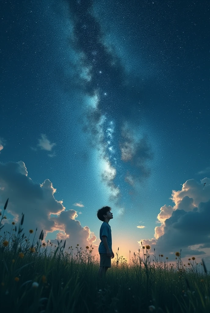 A realistic image of a boy staring at universe at night time