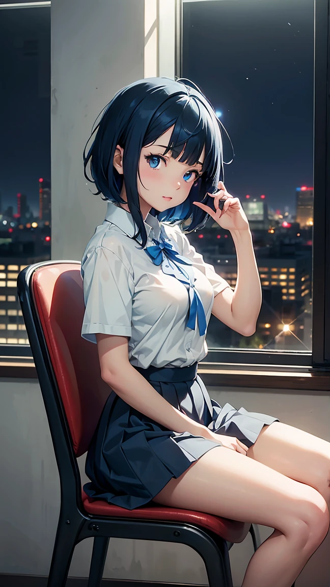 Yanami Anna, ahoge, blue hair, side locks, blunt bangs, blue eyes, cute lips, pretty face, beautiful eyes, small breasts, uniform, collared shirt, white shirt, pockets, blue ribbon, yellow ribbon, short sleeves, medium size breasts, skin dimples, shirt tucked in, blue skirt, pleated skirt, black socks, loafers, --Super High Quality, Super Detailed, High Resolution, Ilya Kuvshinov Style, Anime Moe Art Style, Best Anime 8K Kona-chan Wallpaper, Pixiv by Art God Contest Winner, Perfect Anatomy, BREAK, (Draw a picture of a girl sitting and looking at a night view.), BREAK, Ultra-Realistic Schoolgirl, --, Perfect Limbs, Perfect Fingers, Androgynous Allure, Messy Hair, Crotch, Beautifully Detailed Black Eyes, Well Proportioned Iris and Pupil, High Resolution Detailed Hair, Serene Face, Chair Sitting in Room of High Rise Apartment, Night Sky, Cityscape, Looking at Viewer, City Lights, Window, Highlights, From the Side, BREAK, Ultra-Detailed Fine Skin, Best Lighting by Famous Artist, 8K, Illustration.