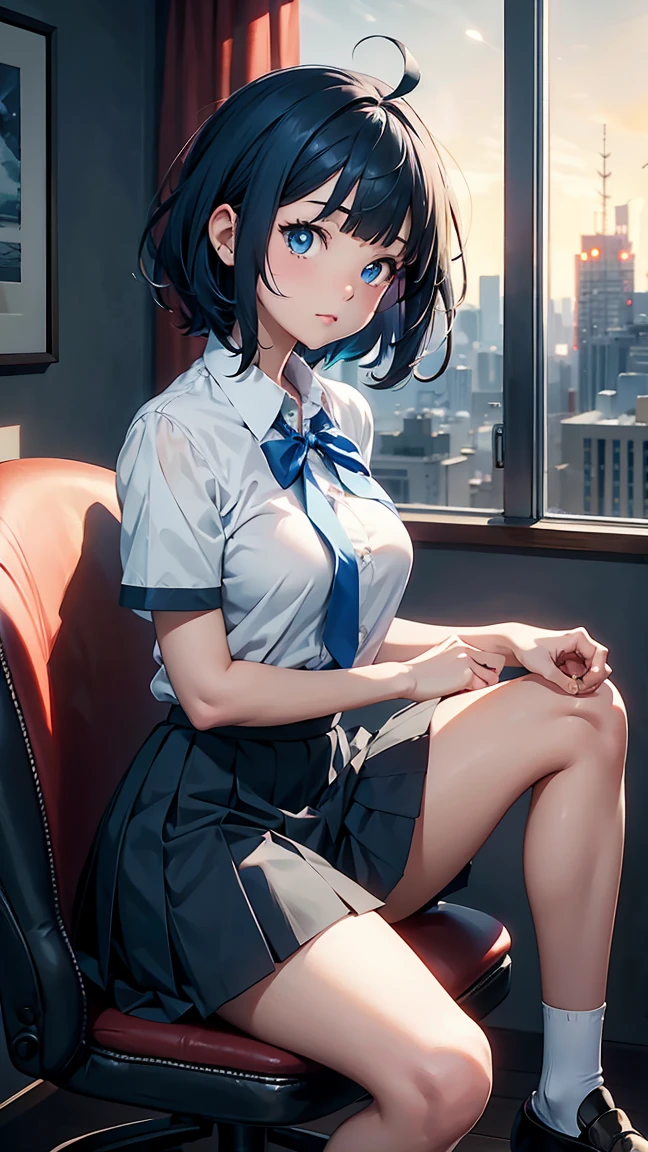 Yanami Anna, ahoge, blue hair, side locks, blunt bangs, blue eyes, cute lips, pretty face, beautiful eyes, small breasts, uniform, collared shirt, white shirt, pockets, blue ribbon, yellow ribbon, short sleeves, medium size breasts, skin dimples, shirt tucked in, blue skirt, pleated skirt, black socks, loafers, --Super High Quality, Super Detailed, High Resolution, Ilya Kuvshinov Style, Anime Moe Art Style, Best Anime 8K Kona-chan Wallpaper, Pixiv by Art God Contest Winner, Perfect Anatomy, BREAK, (Draw a picture of a girl sitting and looking at a night view.), BREAK, Ultra-Realistic Schoolgirl, --, Perfect Limbs, Perfect Fingers, Androgynous Allure, Messy Hair, Crotch, Beautifully Detailed Black Eyes, Well Proportioned Iris and Pupil, High Resolution Detailed Hair, Serene Face, Chair Sitting in Room of High Rise Apartment, Night Sky, Cityscape, Looking at Viewer, City Lights, Window, Highlights, From the Side, BREAK, Ultra-Detailed Fine Skin, Best Lighting by Famous Artist, 8K, Illustration.