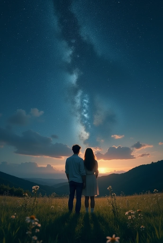 A couple holding each other floating around the sky,flowers and special effects around,a shooting star passing by, standing in fields , surrounded by rounded mountains, night scene