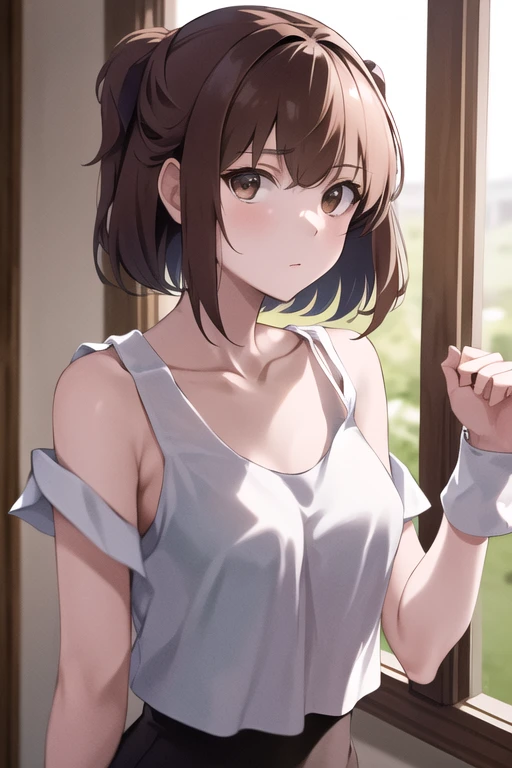 masterpiece, Best Quality, High resolution, Hope 1, Arles Naja, One girl,  Half Up, Alone,High school girl, clavicle, White shirt, wrist cuffs, side, Looking at this　Brown Hair　beautiful girl