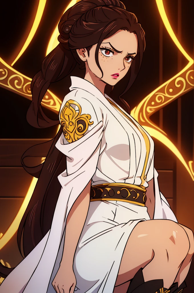 A young queen with an air of fierce authority, her brown hair fully gathered into an intricate chignon atop her head. Her face is sprinkled with freckles, and her full lips are accentuated with lipstick. She wears a white robe with a long skirt, paired with black boots. Her expression is filled with anger and intensity, yet still radiates regal authority. The image is well-lit, highlighting the rage in her eyes, her commanding presence, and the intricate details of her outfit and hairstyle. The overall mood is somber, with soft lighting that highlights her authority while maintaining a respectful, safe-for-work presentation.