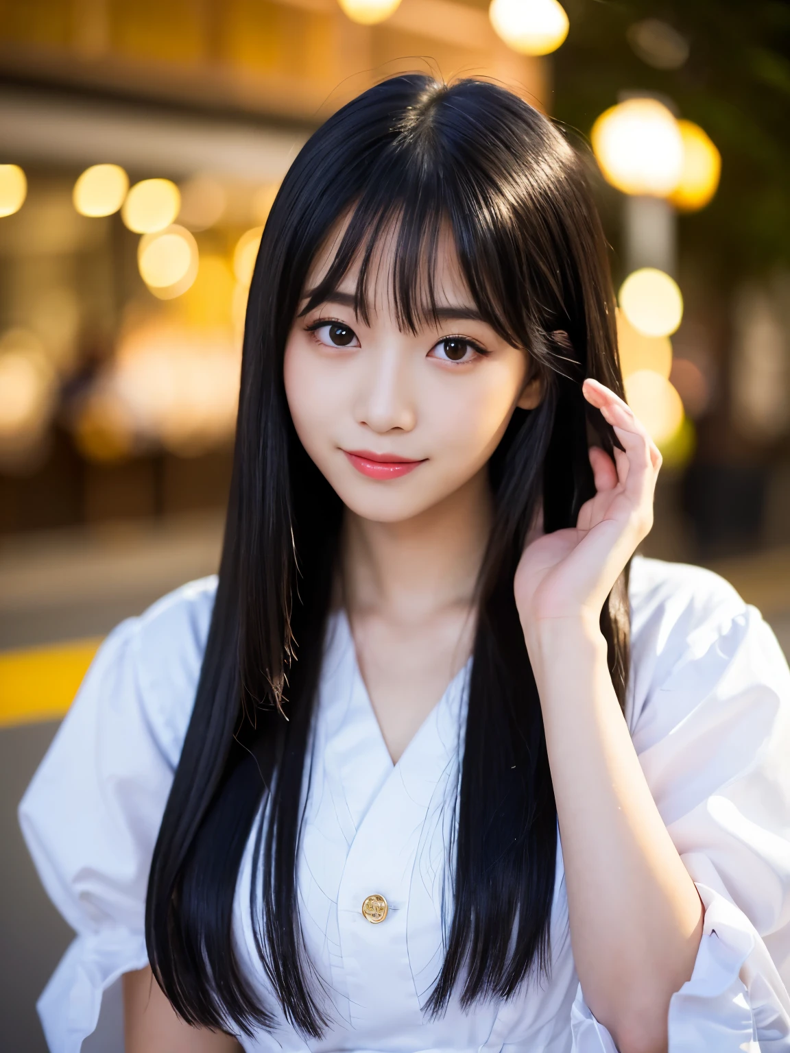 Best-quality, Masterpiece, Ultra-High-Resolution, (Photorealistic:1.4), Raw-Photo, 1girl, 15-years-old, the most famous Japanese idol, innocent smile, extremely cute face like the most popular Japanese idol, (((extremely beautiful big-black-eyes))), extremely beautiful black-hair, extremely beautiful long-eyelashes, extremely beautiful lips, extremely beautiful skins, detailed big-black-eyes