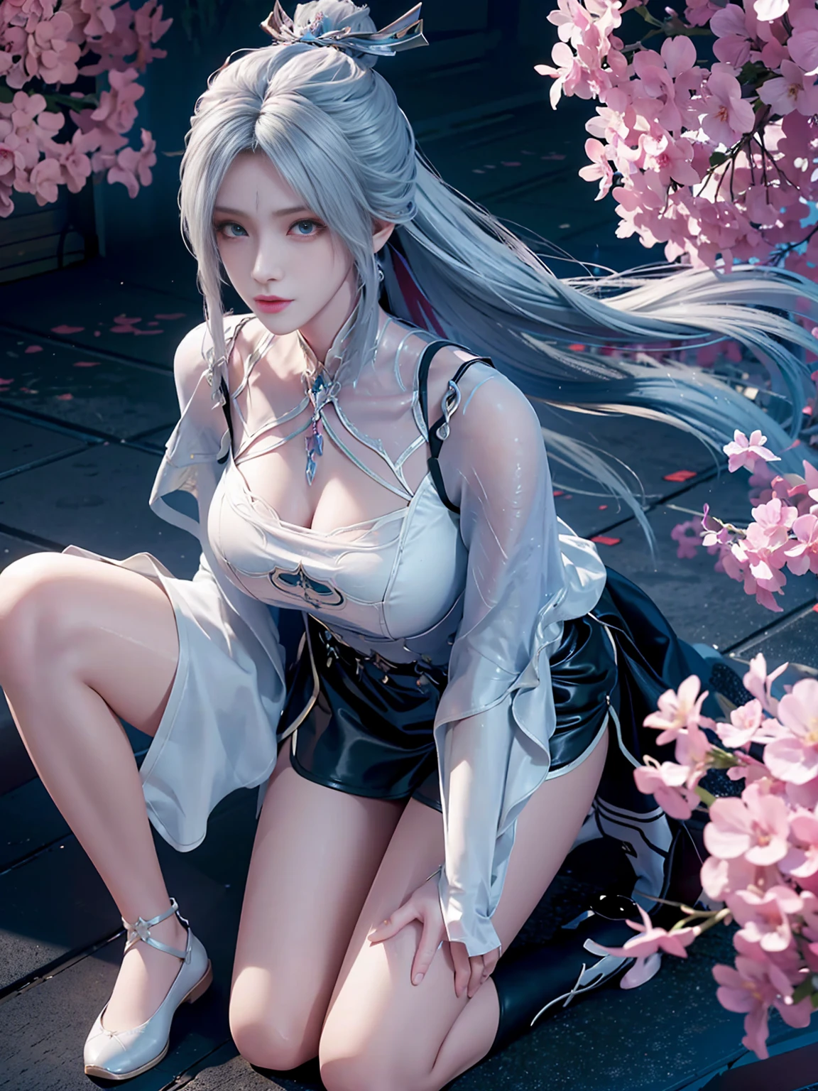 (( 3d anime realistic style image)),(( of a extremely Beautyfull woman)), ((beatyufull detailed face)) ((centered)) ,((cimmetrical)),(voluptuous body),(((very,very large Breasts))),((narrow waist)), ((wide hips))((( thick thighs)))((with white hair)), ((detailed blue eyes)), ((low-cut black silk dress with long sleeves, qipao collar)),((short black skirt with sash)),((knee-high black lace-up boots)),((silver earrings and necklace)), ((silver bracelets with intricate details in both hands)),(thin silver chain belt decorated with small medals at intervals),((sapphire blue medallion on the chest)),((lying on a rock)),(( in the background a lake with water navy blue)),((a waterfall flowing from a high rock)),(( surrounded by cherry trees)),((on a clear night with stars in the sky)), (image in hd, high quality, masterpiece, 8k resolution).
